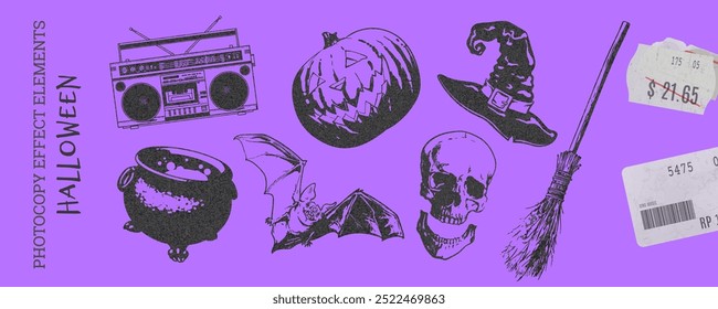 Fotokopieeffekt für Halloween. Vektorcollage von Elementen: Kürbis, Totenkopf, Fledermaus, Hexenhut, Kessel in lila und Retro-Design. Kunstwerk fängt gruselige Essenz des Herbstes ein.