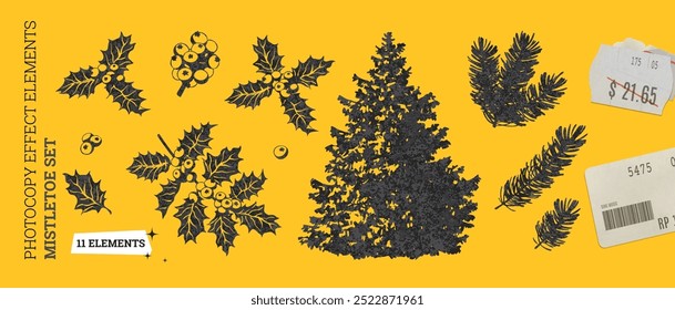 Photocopy elements set with mistletoe, pine, and holly. Vector with grungy vintage design for festive holiday decorations. Unique collage art with botanical textures.