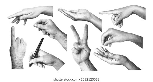 Photocopy gesture hands. Retro collage halftone arms. Trendy grunge cutout hand different gestures signs. Dotted stipples effect hand holding pen, showing. Vector set.