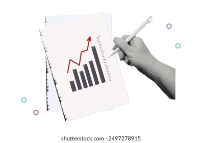 Photocopy of a growing graph. Black and white copy of a business document, kpi indicators. A woman's hand checks graph with red pen. Contemporary collage art. Chart analysis, result, sample doc. 