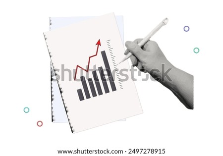 Photocopy of a growing graph. Black and white copy of a business document, kpi indicators. A woman's hand checks graph with red pen. Contemporary collage art. Chart analysis, result, sample doc. 