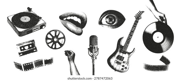 Photocopy music elements. Vinyl record, microphone, cassette, speaker, eyes with grunge punk collection. Vector.