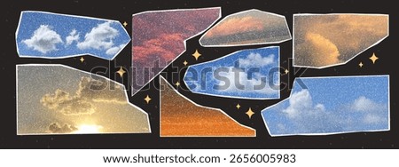 Photocopy sky collage set. Torn paper clouds and sunset with halftone dots and retro grain effect. Vector pop art design