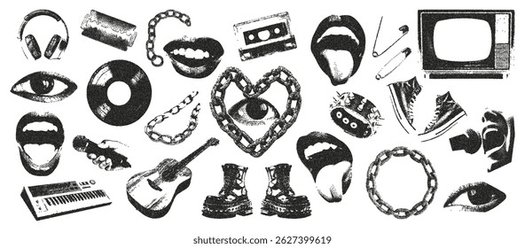 Photocopy stipple music with collage elements. Vinyl record,microphone, eyes, chain, synthesizer, drums, sneakers, chain, mouth, headphones. Vector illustration of grunge dadaism texture icons.
