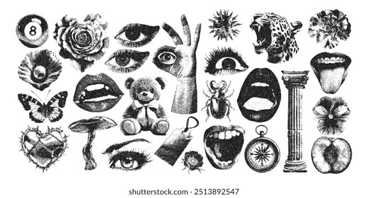 Photocopy stippled style with collage elements. Eyes, cream, pillar, flower, rose, coupon, compass, pearl as retro punk bitmap art. Vector illustration of grunge dadaism texture icons for psychedelic