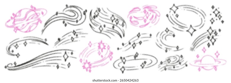 Photocopy Y2k style doodle set of planets, stars, and comets in black and pink