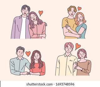 Photo-cut poses of affectionate lovers. flat design style minimal vector illustration.