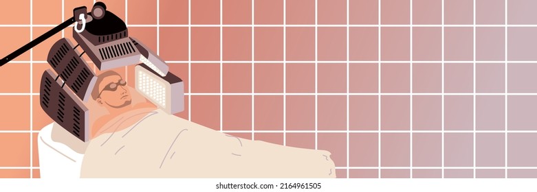 Photodynamic therapy. Treatment of oncological diseases. Man is lying on couch under LED lamps. Vector illustration. Place for text