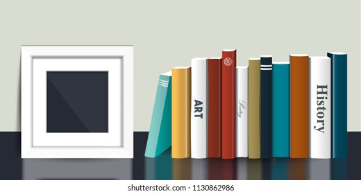 Photoframe mock up on the bookshelf. Template for poster, picture, painting. Vector.