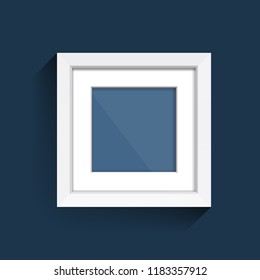 Photoframe mock up on the wall. Simple white empty framing. Template for poster, picture, painting. Vector.