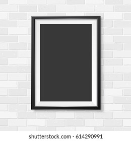Photoframe mock up. Vertical frame on brick wall. Vector template ready for presentation design. Black framing for drawing, painting or photo.