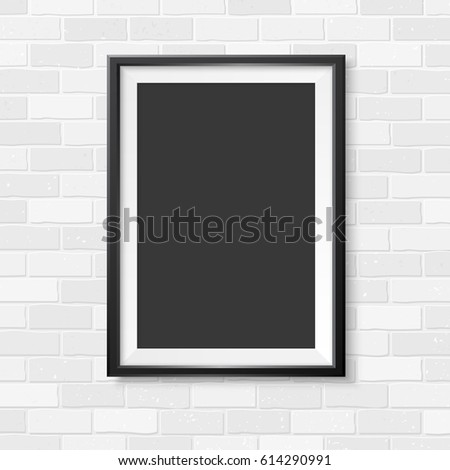 Photoframe mock up. Vertical frame on brick wall. Vector template ready for presentation design. Black framing for drawing, painting or photo.