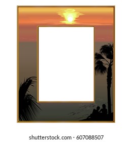 Photo-frame: the sea coast at sunset and loving couple under a palm tree