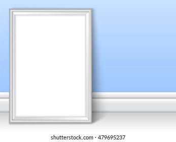 Photoframe template near blue wall. Realistic mockup vector. Cute color of framing great for kids drawing, painting or photo. Silver picture template for children room or school theme design.