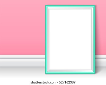 Photoframe template near pink wall. Realistic mock up vector. Turquoise framing great for drawing, painting or photo. White picture template for children room or school theme design.