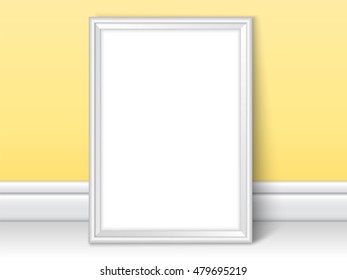 Photoframe template near yellow wall. Realistic mockup vector. Cute color of framing great for kids drawing, painting or photo. White picture template for children room or school theme design.