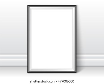 Photoframe template. Silver picture framing mockup. Frame near the wall with realistic shadows. Vector template for presentation your photo art or other crafts.