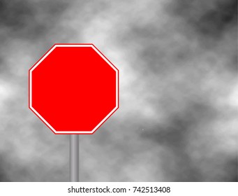Photograph of a blank red traffic stop sign with rectangular white bordered. Text letters have been removed. Stop sign on grey sky background. Vector illustration