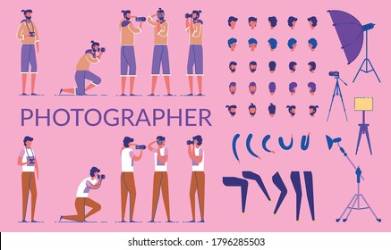 Photograph with camera, equipment in studio. Professional woman portrait photography. Vector characters. Studio photographer with camera, photo equipment illustration