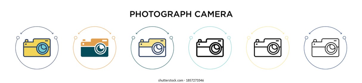 Photograph camera icon in filled, thin line, outline and stroke style. Vector illustration of two colored and black photograph camera vector icons designs can be used for mobile, ui, web