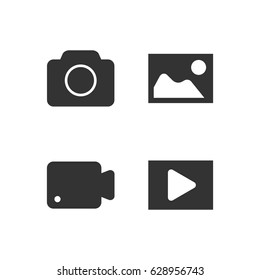 photograph camera video record icon set black flat design minimal style