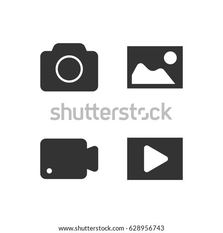 photograph camera video record icon set black flat design minimal style