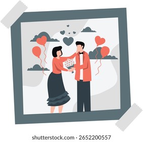 The photograph captures a lovely moment: a serene sunset, two figures intertwined in a gentle embrace, smiles bright with affection. The warm hues of twilight envelop them in a timeless embrace.