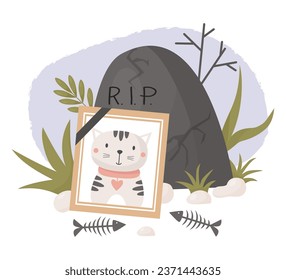 Photograph of dead cat. Cemetery and grave, stones with grass and fish skeleton. Vector illustration. Mourning frame with lovely pet of kitten ghost 