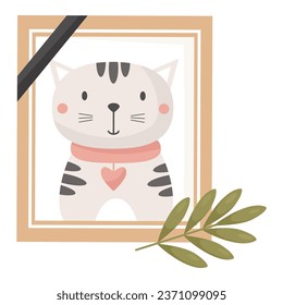 Photograph of dead cat. Mourning frame with lovely pet of kitten ghost. Vector illustration