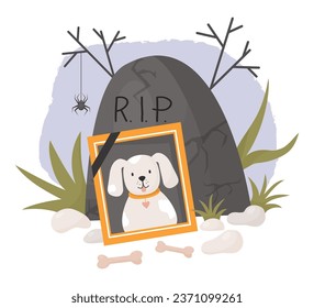 Photograph of dead dog. Cemetery and grave with spider, stones with grass and bones. Vector illustration in cartoon flat style. Mourning frame with lovely pet of dog ghost 