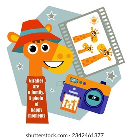 PHOTOGRAPH OF A FAMILY OF GIRAFFE. HAPPY MOMENTS. VECTOR ILLUSTRATION