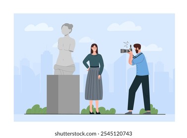 Fotografe monumentos históricos. Homem com câmera tira fotografia de menina jovem perto de busto de mármore. História e cultura, marco. Ilustração de vetor plano isolada no plano de fundo branco