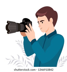 Photograph holding photo camera and photographing. Creative profession or occupation. Cute male cartoon character take photo shot. Photographer character with camera illustration