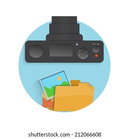 Photograph icon of camera, folder and photo in flat design style