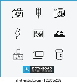 Photograph icon. collection of 9 photograph filled and outline icons such as soft box, photos, picture, camera, camera flash. editable photograph icons for web and mobile.