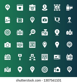 photograph icon set. Collection of 36 filled photograph icons included Placeholder, Photo camera, Shutter, Camera, Photos, Picture, Gallery, Photography, Tripod, Selfie, Photo