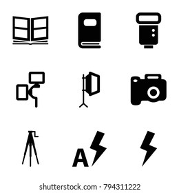 Photograph icons. set of 9 editable filled photograph icons such as camera, camera flash, camera tripod, soft box, photo album, flash