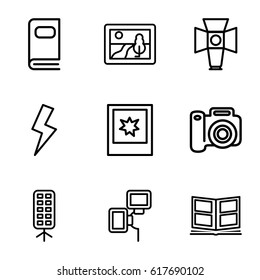 Photograph icons set. set of 9 photograph outline icons such as photo, soft box, photo album, camera flash, flash, picture
