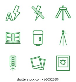 Photograph icons set. set of 9 photograph outline icons such as photo, camera flash, camera tripod, soft box, photo album, no flash