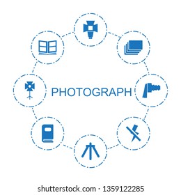 photograph icons. Trendy 8 photograph icons. Contain icons such as soft box, camera tripod, photos, photo album, no flash, camera zoom. photograph icon for web and mobile.