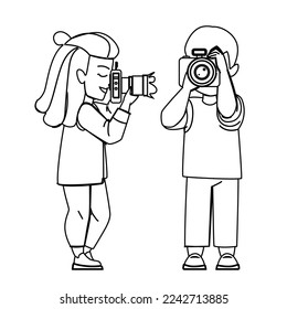 photograph kid line pencil drawing vector. camera photo, child photography, photograph picture, happy boy girl, children expression photograph kid character. people Illustration