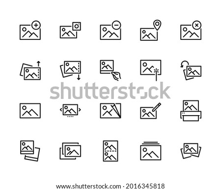 Photograph management. Photo vector linear icons set. Contains such Icons as camera, location, image, edit, print, gallery and more. Isolated collection of photography for websites icon and mobile.