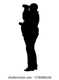 Photograph and photo camera on street. Isolated silhouettes of people on white background