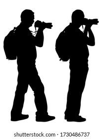 Photograph and photo camera on street. Isolated silhouettes of people on white background