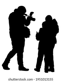 Photograph and photo camera on street. Isolated silhouettes of people on white background