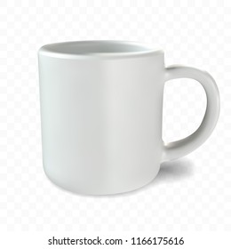 A photograph of a realistic white cup on a transparent background. Template for the layout. Vector illustration. A sample of a ceramic pure white mug with a matte effect, without bright gloss.