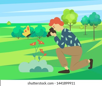Photograph taking photo with camera vector, character on nature city park, outside leisure. Man photographer looking on flowers and butterflies through lens hobby of people