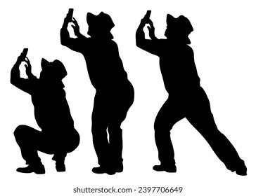 Photograph and women with a camera on street. Isolated silhouettes of people on white background