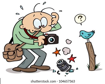 A photographer was about to take a snapshot of a bird when the lens dropped off the camera and was crushed to the ground. CMYK vector drawing.