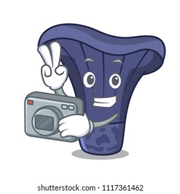 Photographer actarius indigo mushroom mascot cartoon